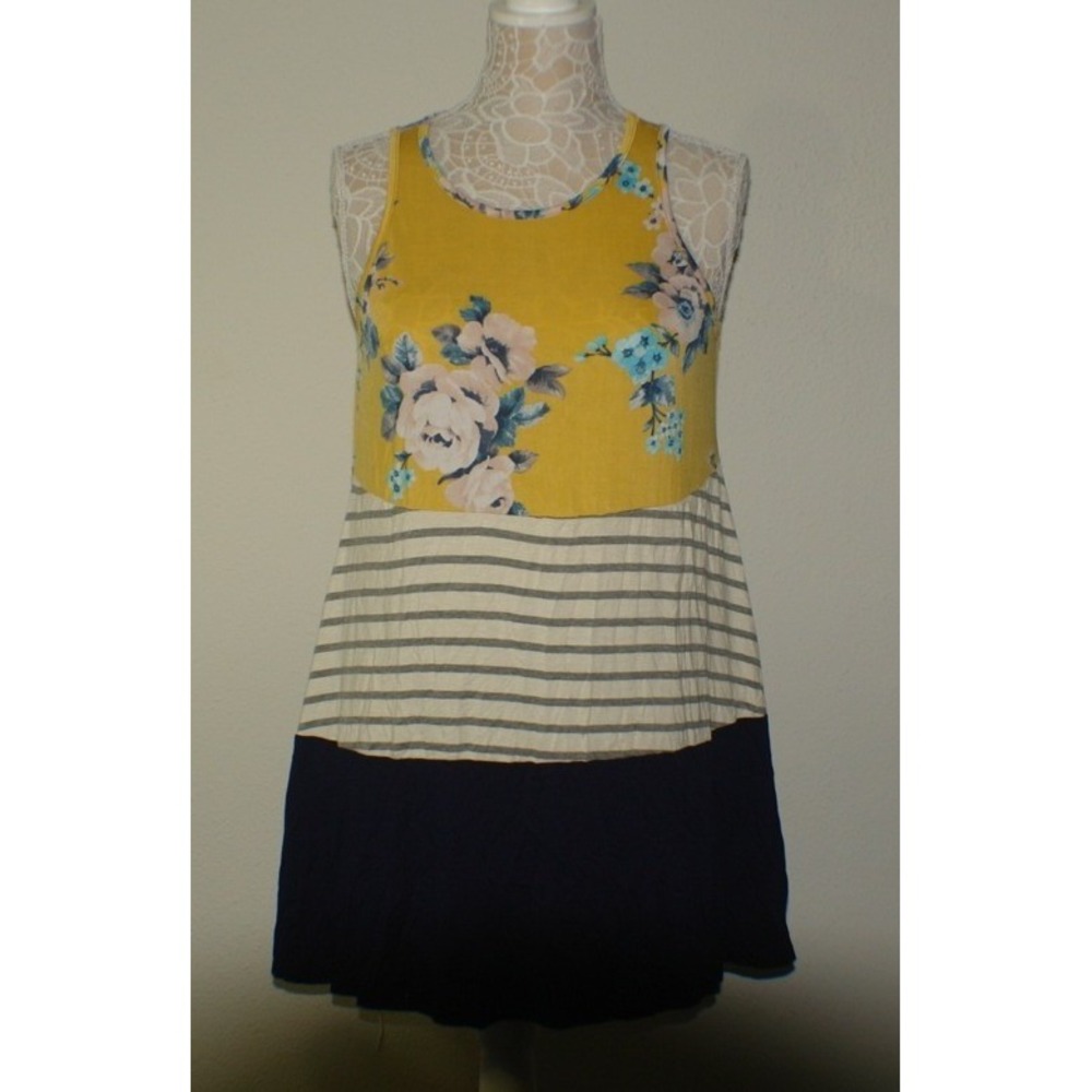 Egs Womens Floral Striped Colorblock Sleeveless‎ Mini Dress Yellow Navy Small